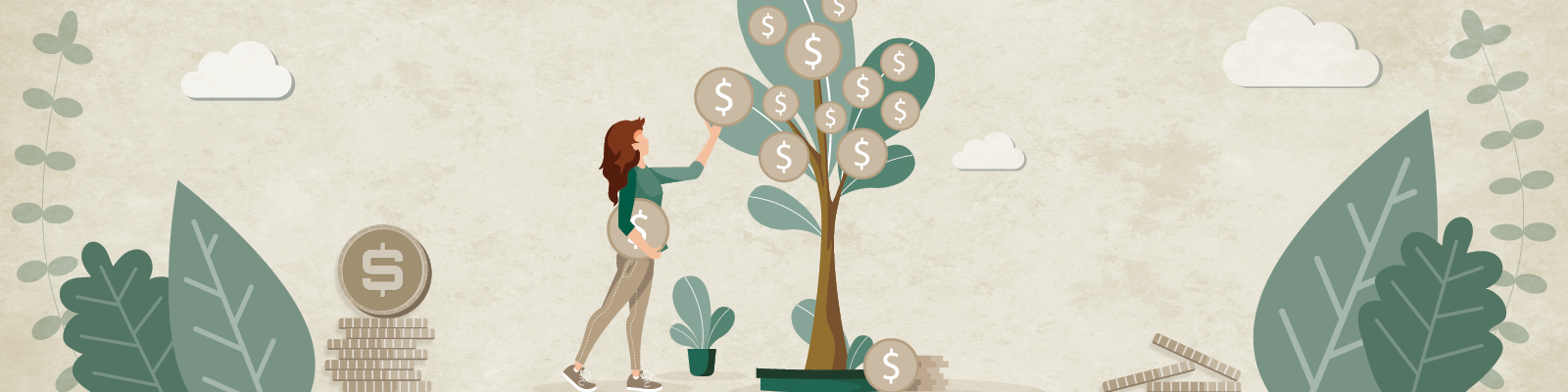 Graphic of woman picking dollar signs off a tree.